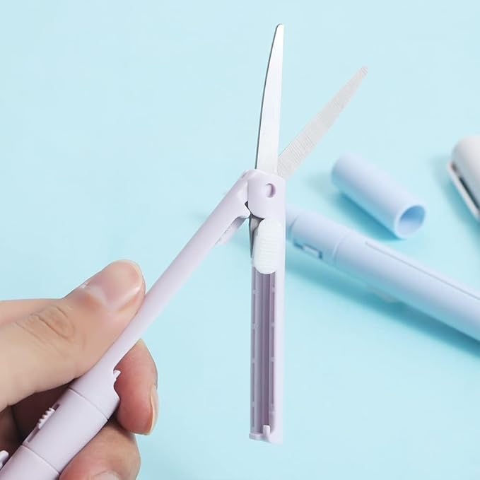 Mini Color Folding Scissor Pen, Portable Safe Ceramic Cutter 2-in-1 Folding Scissor Craft Tools Cutting Supplies for Paper Work Cutting and Measuring Devices(Pink) (Blue)