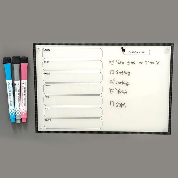 GEEKBEAR Dry Erase Refrigerator Calendar with 3 Markers - Attachable to Any Fridge with Special Suction Cups - Monthly and Weekly Designs, Acrylic - 15.7" x 10.6" (05. Black, Weekly)