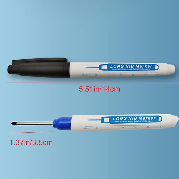 8pcs Waterproof Deep Reach Markers, Long Nose Marker in 2mm Felt Tip, 30mm Reach Permanent Markers and Marker Pens, Deep Hole Marker Carpenter Ink Marker for Carpenters Builders Construction.