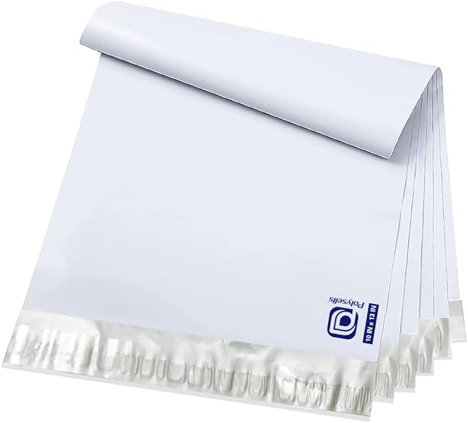 POLYSELLS 500 pcs 10x13 Inches White x Silver Poly Mailers Shipping Envelopes, Strong Adhesive Sealing, Waterproof, and Tear-resistant Postal Mailing Bags for Clothing, Books, and Accessories