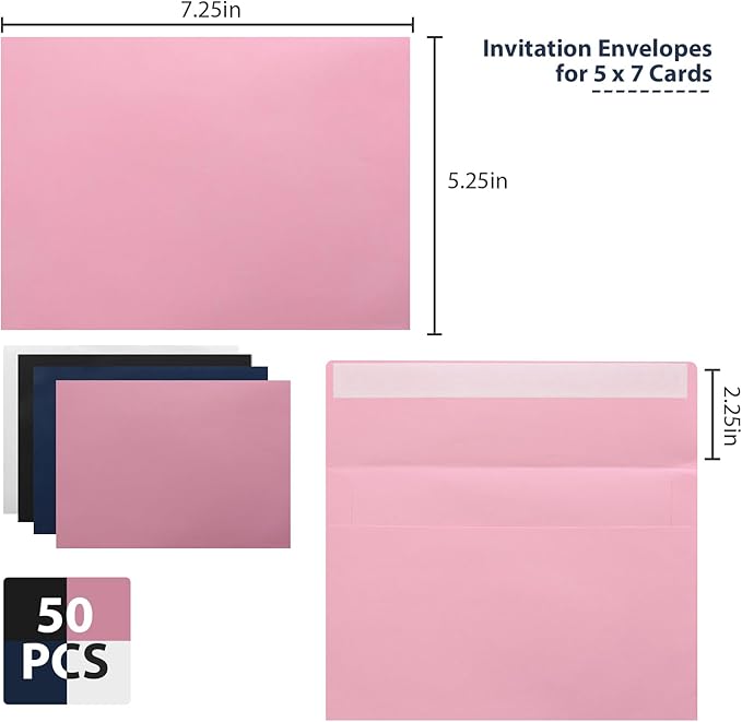 50 Packs A7 Envelopes,5x7 Envelopes for Invitations,Printable invitation envelope,Photos, postcards, greeting cards, mailings, Wedding Self-sealing (pink), Pink,White, mf003