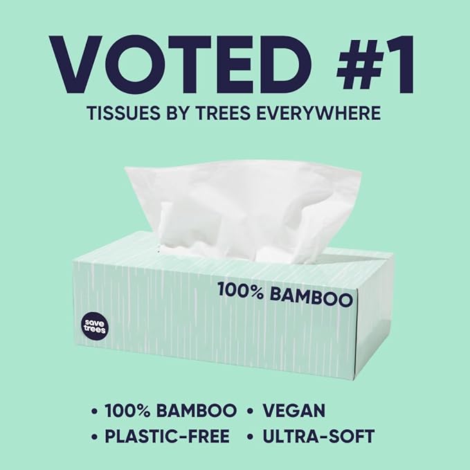 Bamboo Facial Tissues - 12 Boxes of Eco-Friendly, 3-Ply Hypoallergenic Tissues, 90 Sheets per Box, FSC Certified, Plastic-Free Packaging, Soft & Gentle for Home Use