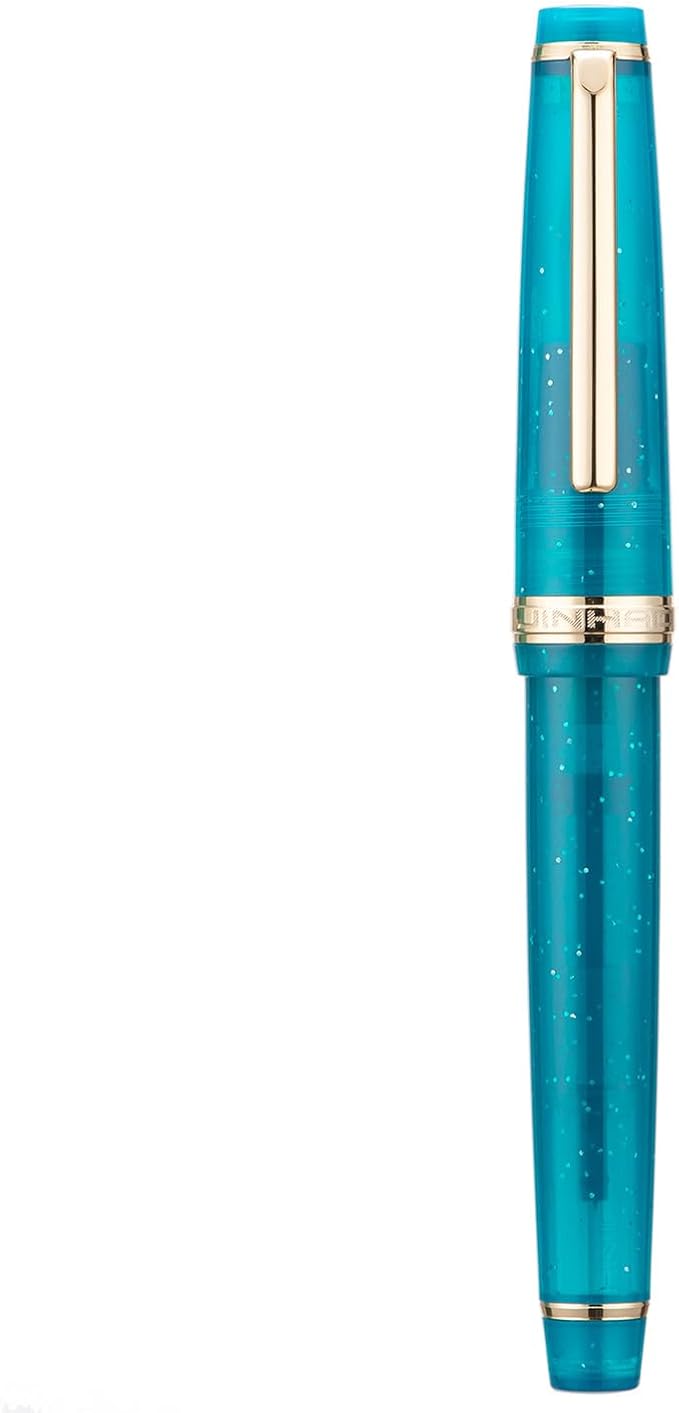 Jinhao 82 Acrylic Fountain Pen, Iridium Extra Fine Nib with Ink Converter, Transparent Peacock Blue Fluorescent Classic Design Smooth Writing Pen (Gold Trim)