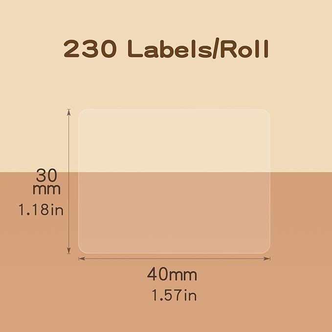 NIIMBOT Label Maker Tape, 1.57" x 1.18" (40×30 mm) Printer Sticker Paper with Self-Adhesive for B1/B21/B3S/K3 Label Maker,1 Roll of 230 (Clear)