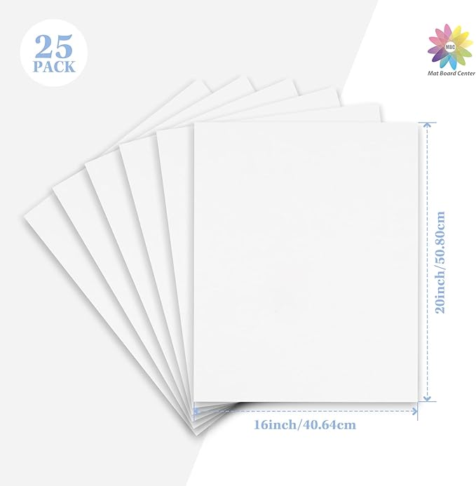 Mat Board Center, 25 pack 16x20 Corrugated Cardboard sheet, 1/8 inch thick, Flat Cardboard Inserts for Mailing, Packaging & Shipping, Cardboard Backing, Craft Card Board (White on one side)