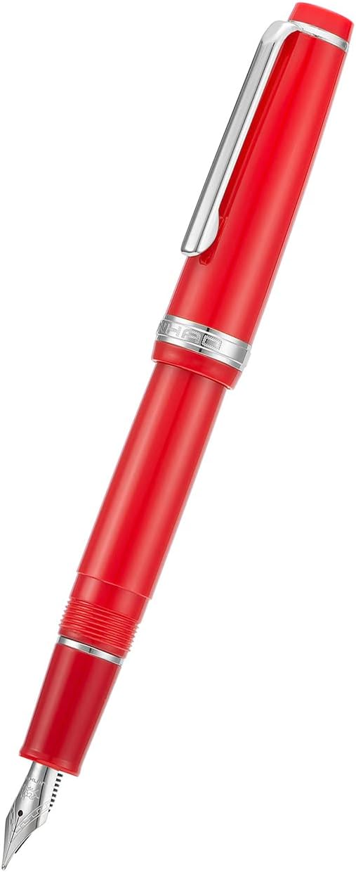 Jinhao 82 Red Acrylic Fountain Pen, Iridium Bent Nib Classic Design Smooth Writing Pen with Ink Converter (Silver Trim)