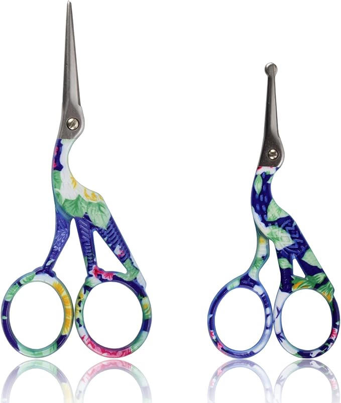Stork Bird Rounded Safety Tip Embroidery Craft Stainless Steel Crane Scissors - Blue - 2 Pairs