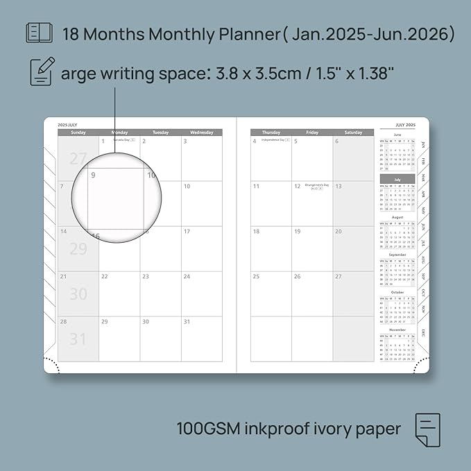 POPRUN Monthly Planner 2025-2026 (Medium- 6.5'' x 8.5'' Soft Cover), 18-Month Calendar Book (January 2025-June 2026), Calendar Planner with Monthly Tabs & Pocket, 100 GSM Paper - Night Sky Blue
