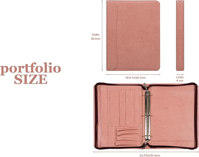 AZXCG Portfolio for Women, 3 Ring Binder Padfolio, Vegan Leather Office Binders Portfolio, Zippered Business Binder Folio Organizer, A4 Legal Pads Clipboard Padfolio, Gift for Women/Girls, Pink