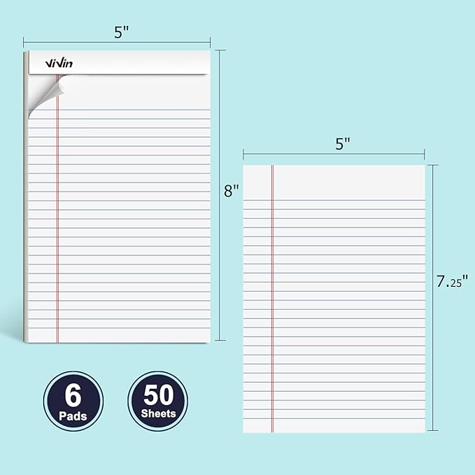ViVin 5 x 8 Inch Note Pads, 6 Pack, Narrow Ruled, 50 Sheets Per Writing Pad, Perforated, Legal Pads Ideal for Home, Office, Business, 300 Sheets (6 Pack of 50), White Paper