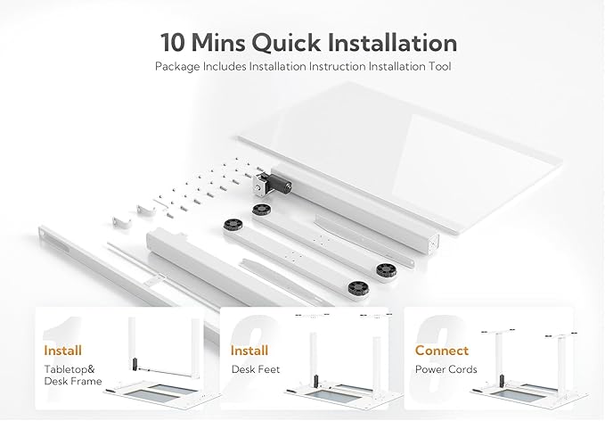 Glass Standing Desk, Small Electric Standing Desk Adjustable Height, 40 Inch Adjustable Stand Up Desk, Quick Install Home Office Computer Desk, Super White