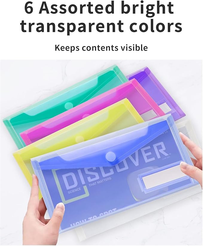 Sooez 24 Pack Plastic Pencil Pouch, Clear Poly Envelopes File Bag Bill Bag with Label Pocket, Plastic Pencil Case Bulk for A6 Size Files School, Office Storage