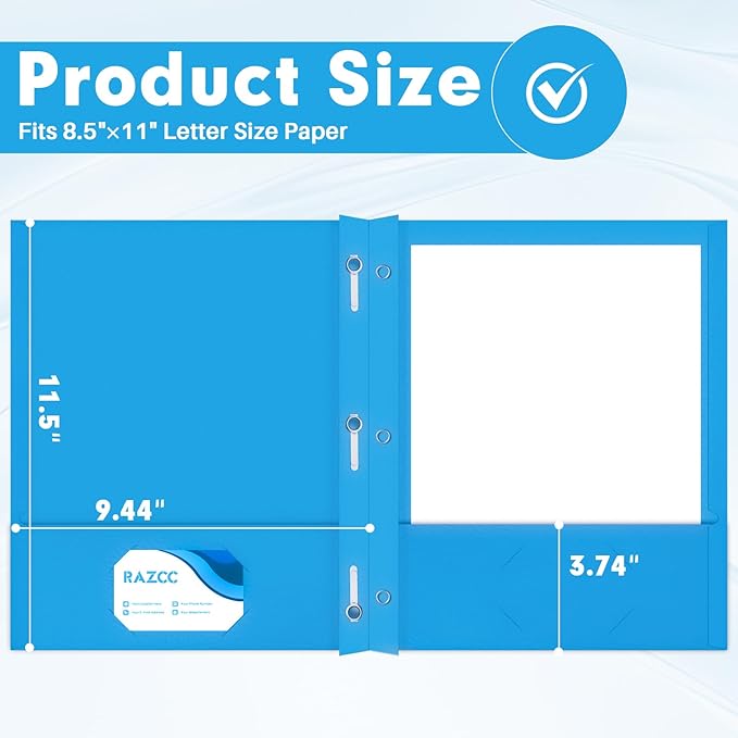 Two Pocket Folders, RAZCC 75 Pack Two Pocket Folders with Prongs, 3 Prong Folders Fit Letter Size Paper, Pocket File Folders for School Office Home Business, Blue