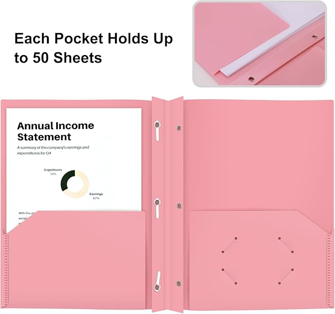 ViVin Heavy Duty 12-Pack Plastic Folder, Pastel Colors, 2 Pocket Letter Size Poly File, Cute Plastic Folders with 3-Prong Fasteners, for School, Home and Office (Assorted Color)