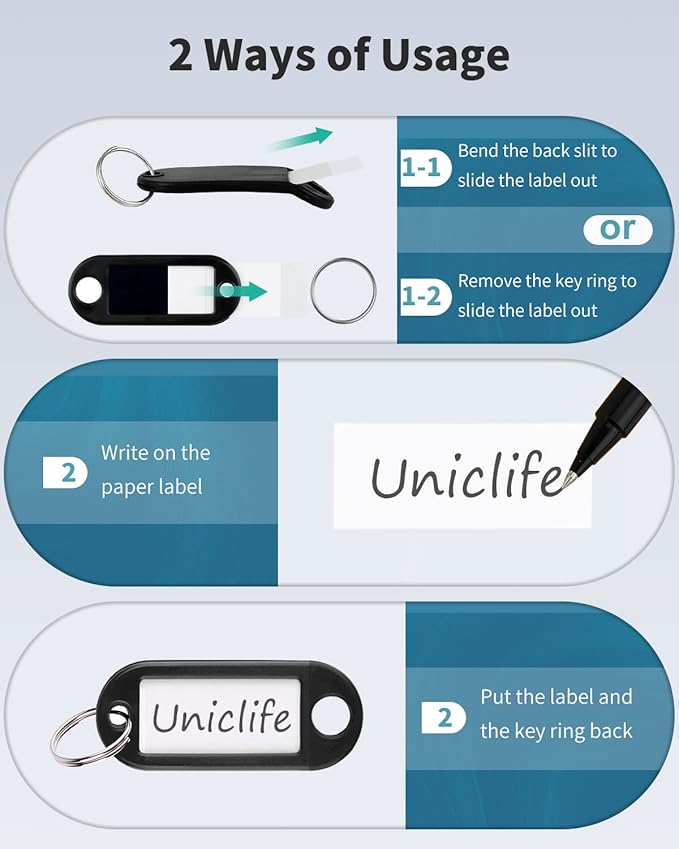 Uniclife 40 Pieces Key Tags 2 Inch Soft Plastic Key Chain Tags with Blank Paper Labels Clear Windows Protective Films and Split Rings Flexible Item Identifiers, Black