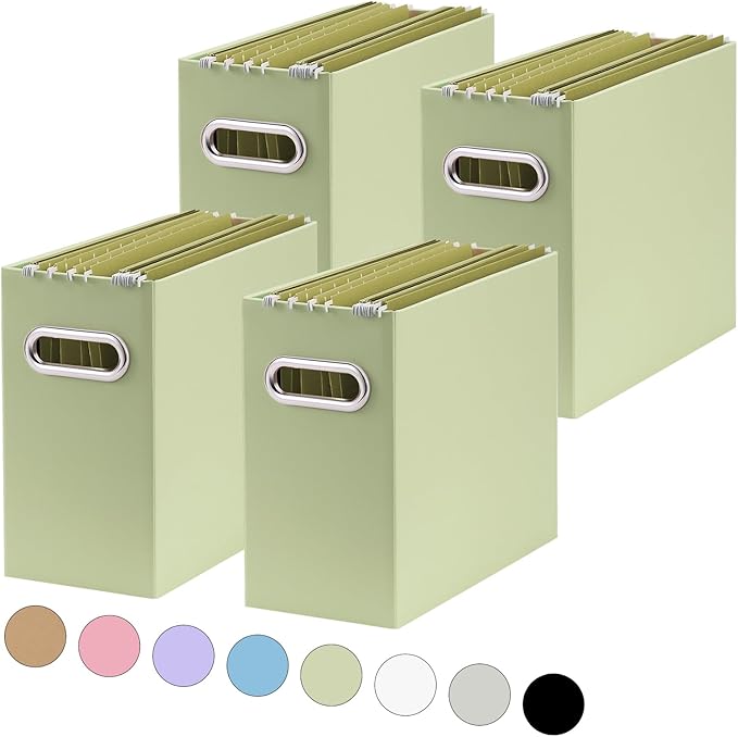 Oterri File Organizer, 4 Packs Small Storage Box, Cardboard File Folder Organizer, Collapsible File Box, Hanging File Organizer for Letter Size, Portable File Box with Handle, Only Box(Green)