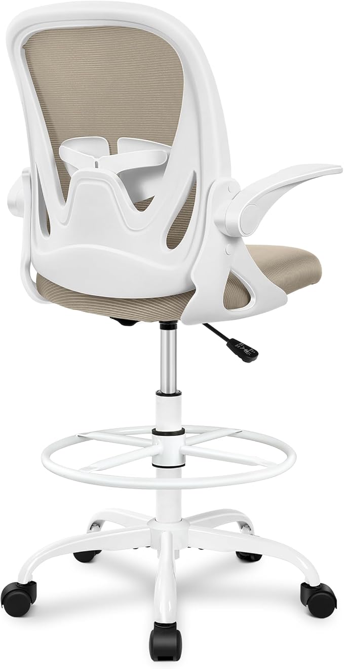 Primy Drafting Chair Tall Office Chair with Flip-up Armrests Executive Ergonomic Computer Standing Desk Chair with Lumbar Support and Adjustable Footrest Ring(Khaki)
