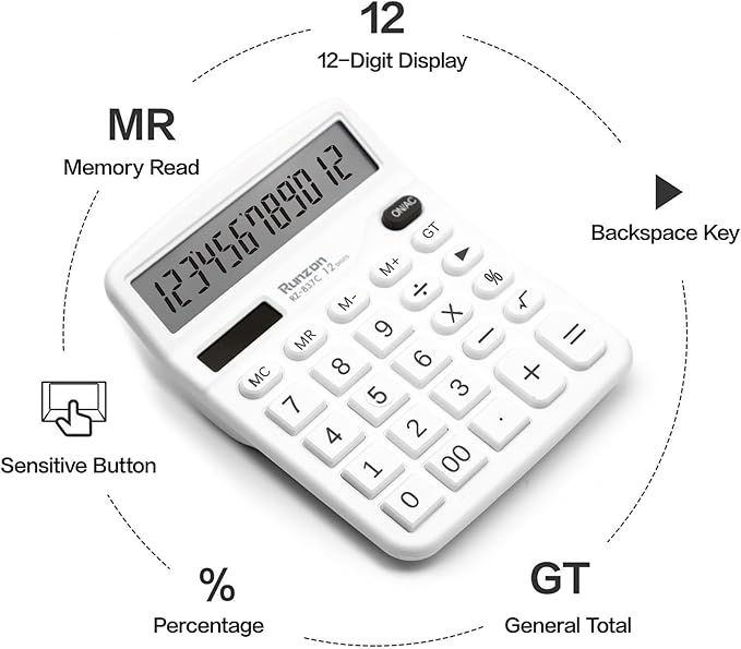 2PC White Calculator, Solar Battery Dual Power Calculator,Desktop Calculator 12 Digit with Large LCD Display, White Office Supplies with Sensitive Button, White Desk Accessories, School Supplies