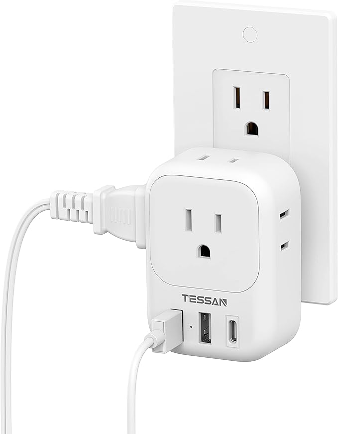 USB Wall Charger, Wall Plug Adapter Outlet Extender, TESSAN 3 Charger Block (1 USB C Port), Multi Charging Station for Cruise, Bathroom, Office, Dorm Essentials, White