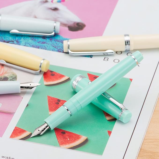 Jinhao 82 Light Blue Acrylic Fountain Pen, Iridium Fine Nib Classic Design Smooth Writing Pen with Ink Converter (Silver Trim)