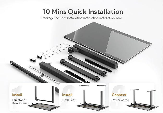Glass Standing Desk, Electric Standing Desk Adjustable Height, 48 Inch Adjustable Stand Up Desk, Quick Install Home Office Computer Desk, Black