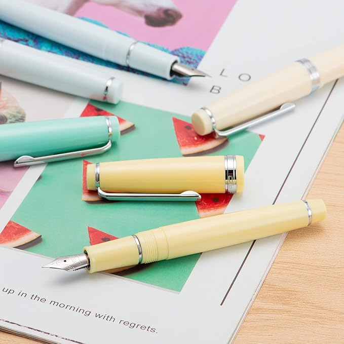 Jinhao 82 Yellow Acrylic Fountain Pen, Iridium Medium Nib Classic Design Smooth Writing Pen with Ink Converter (Silver Trim)