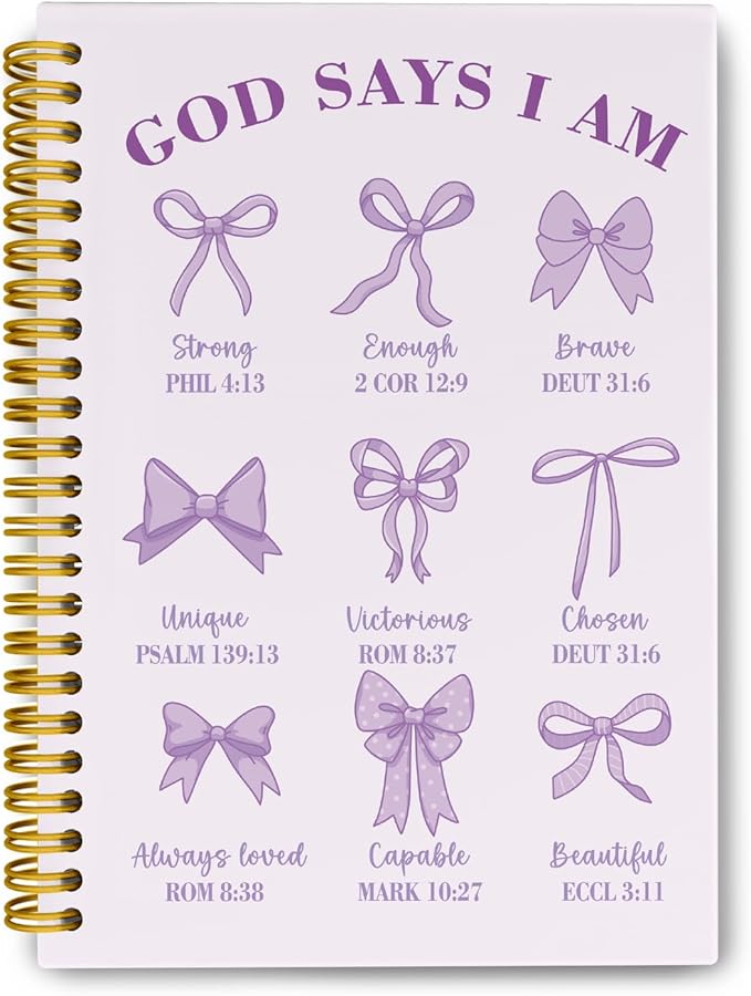 Coquette Purple Bows Bible Notebook,Aesthetic Composition Notebook, God Says I Am Christian Scripture Prayer Journal for Women, Hardcover Spiral Notebooks College Ruled 5.5 x 8.3 (Purple