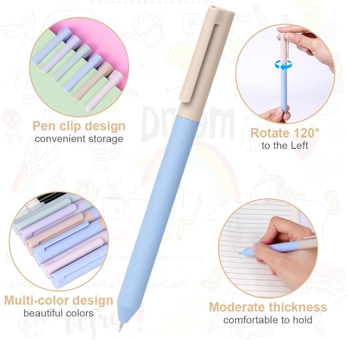 AUAUY 6PCS Gel Pens, Retractable Quick Dry Gel Ink Pen, Pens for Journaling with 6 Refill, Cute Pens, Smooth Writing Pens, 0.5mm Black Ink Pens, Office School Supplies Kids Gift(Double Matching Color)
