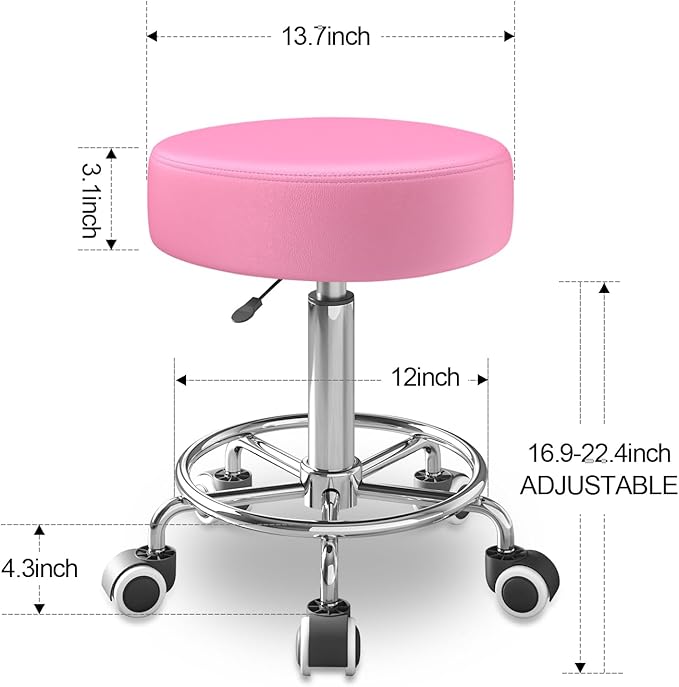 Rolling Stool, Heavy Weight Capacity 250lb, PU Leather Rolling stools, Ultra Soft Padded Seat, Rolling Stools with Wheels and Footrest, 360° Swivel, Spa Drawing Salon Work Office Tattoo Stool (pink)