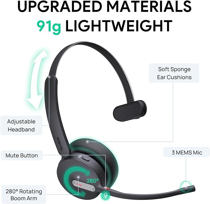 Yealink BH70 Teams Wireless Headset with Mic, Bluetooth Headsets for Work, Long Battery Life of 35h Talking, 91g Lightweight for All-Day Wearing, with 3 Noise Cancelling Microphone for Clear Calls