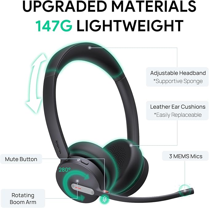 Yealink BH70 Teams Wireless Headset with Mic, Bluetooth Headsets for Work, Long Battery Life of 35h Talking, 147g Lightweight for All-Day Wearing, with 3 Noise Cancelling Microphone for Clear Calls