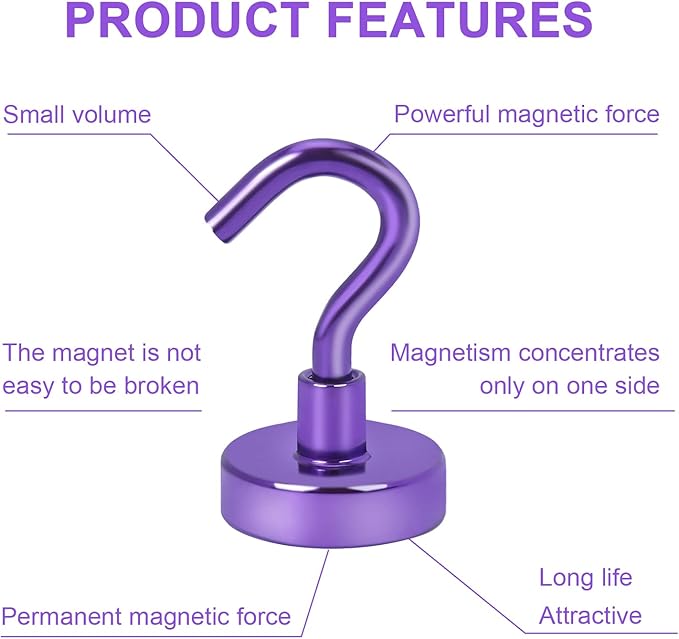 DIYMAG Magnetic Hooks Heavy Duty, 30Lbs Rare Earth Neodymium Magnet Hooks with Nickel Coating for Kitchen, Garage, Cruise, Classroom, Workplace and Office etc, (Purple,Pack of 3)