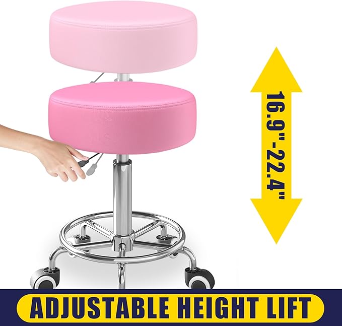 Rolling Stool, Heavy Weight Capacity 250lb, PU Leather Rolling stools, Ultra Soft Padded Seat, Rolling Stools with Wheels and Footrest, 360° Swivel, Spa Drawing Salon Work Office Tattoo Stool (pink)