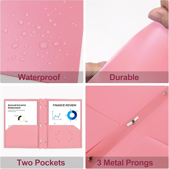 ViVin Heavy Duty 12-Pack Plastic Folder, Pastel Colors, 2 Pocket Letter Size Poly File, Cute Plastic Folders with 3-Prong Fasteners, for School, Home and Office (Assorted Color)