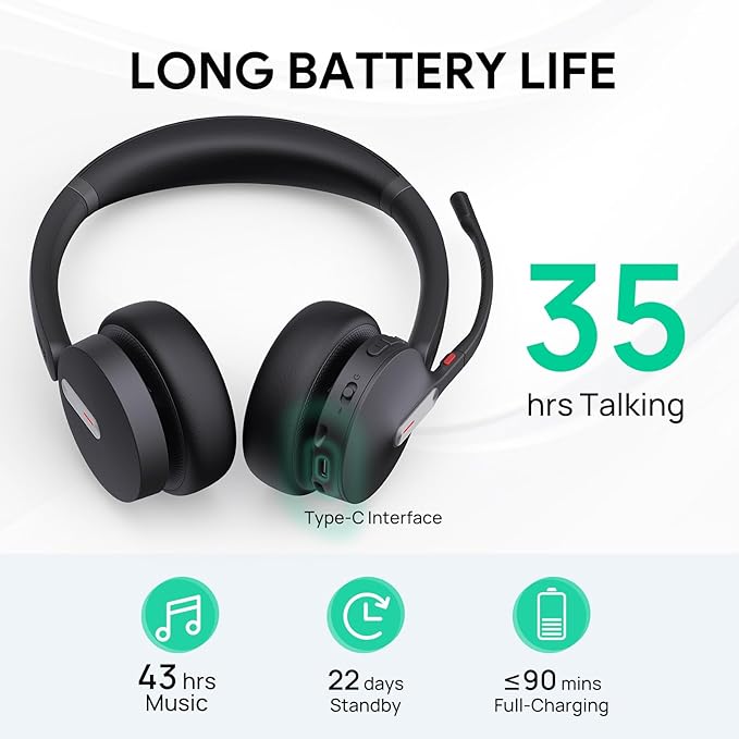 Yealink BH70 Teams Wireless Headset with Mic, Bluetooth Headsets for Work, Long Battery Life of 35h Talking, 147g Lightweight for All-Day Wearing, with 3 Noise Cancelling Microphone for Clear Calls