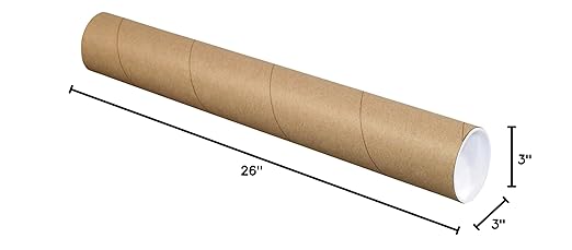 BOX USA BP3026K Mailing Tubes with Caps, 3" x 26", Kraft (Pack of 24)