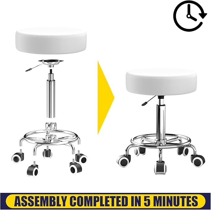 Rolling Stool, Heavy Weight Capacity 250lb, PU Leather Rolling stools, Ultra Soft Padded Seat, Rolling Stools with Wheels and Footrest, 360° Swivel, Spa Drawing Salon Work Office Tattoo Stool (white)