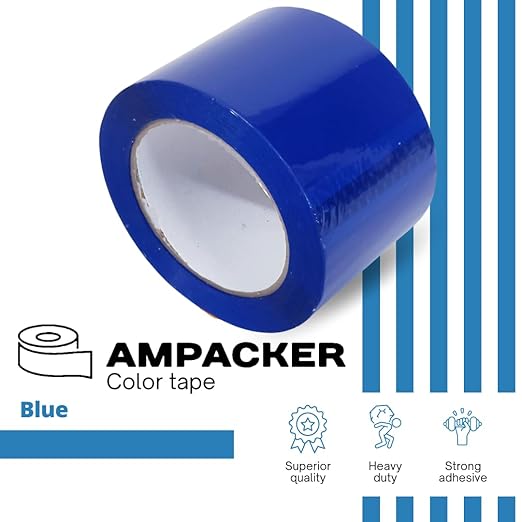 Heavy Duty Packaging Color Tape for Shipping,Packing and Moving 3" Wide x 2.0 Mil Thick -110 Yrd Roll -Acrylic Adhesive Tape for Box Sealing. (4 Rolls, Blue, 3" Wide x 110 yds)