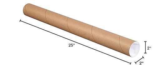 BOX USA BP2025K Mailing Tubes with Caps, 2" x 25", Kraft (Pack of 50)