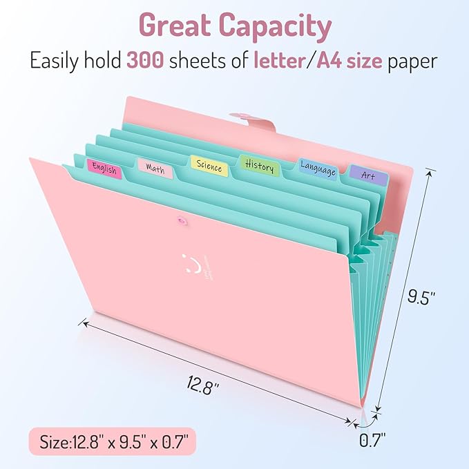 Forvencer Accordion File Organizer, Letter Size, 7 Pocket Expanding File Folder, Cute File Folder with Labels, Portable File Organizer for School Office Supplies, Folders for Documents, Yellow