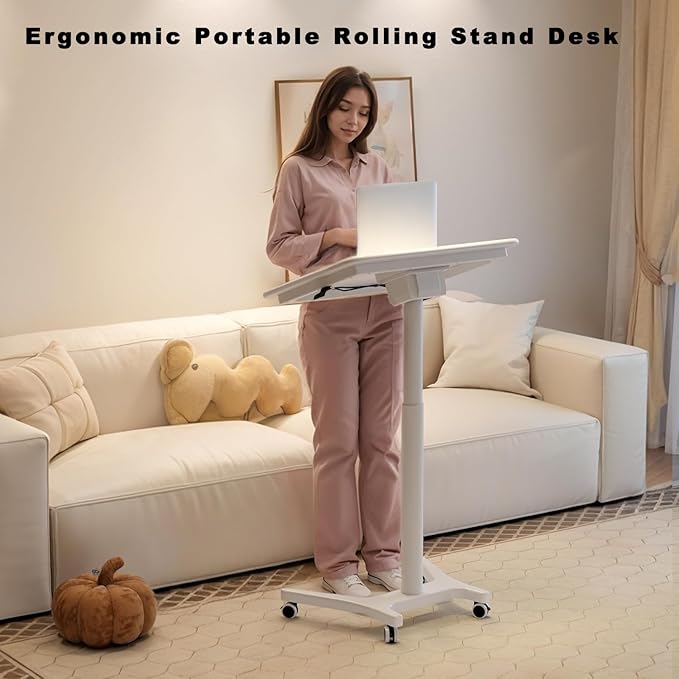 Rolling Standing Desk,Portable Standing Desk with Wheels Adjustable Height Desk Mobile Standing Desk for Home Office, Bedroom,Couch(White)