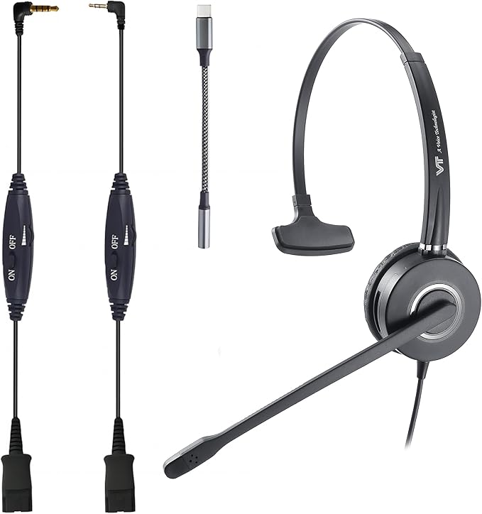 QD Headset with 3.5mm Jack&USB-C Adapter for PC,Cellphone,Tablet, 2.5mm Jack Compatible with Panasonic-Cisco-AT&T-Polycom-Grandstream IP Phones, etc., with Mute, Volume Control (Mono)