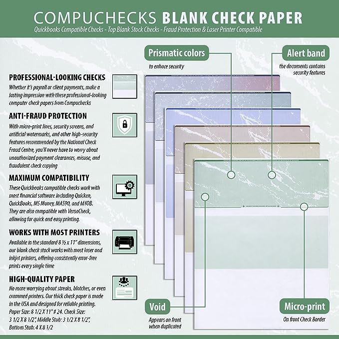 Compuchecks Blank Check Paper - 25 Pack - Computer Security Business Checks, QuickBooks & Laser Printer Compatible - Check On top, Voucher On Bottom - Check Paper Size 8 1/2-11 - Blue/Green Prismatic