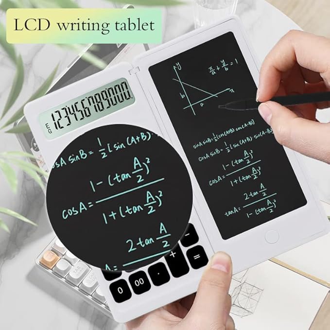 Desk Calculator, Desktop Small Calculator with Writing Notepad, Basic 4-Function Math Large Button Calculator, School Supplies for Kids, Middle/High School Students (White)