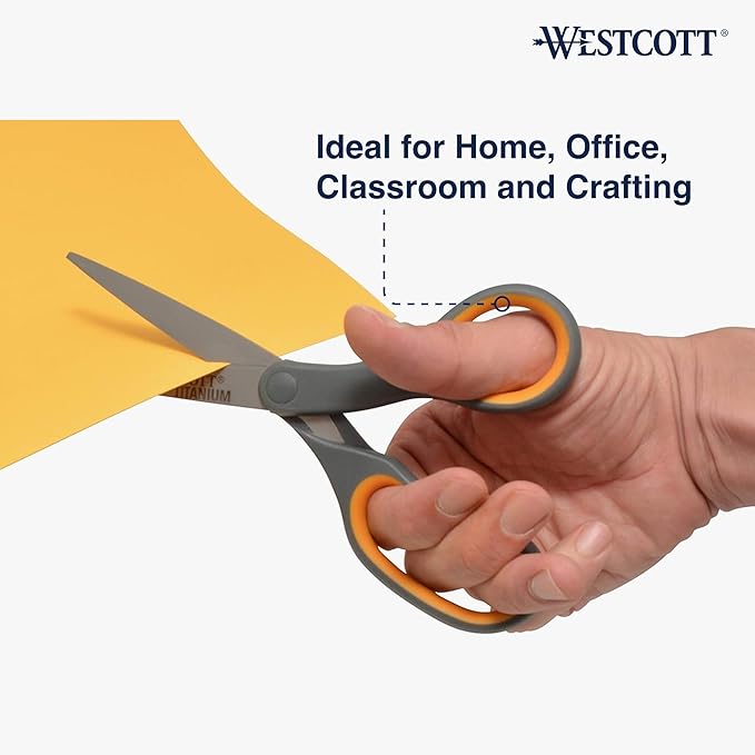 Westcott Titanium Bonded Scissors, Soft Handle, 8", Straight, Gray/Yellow, 6-Pack