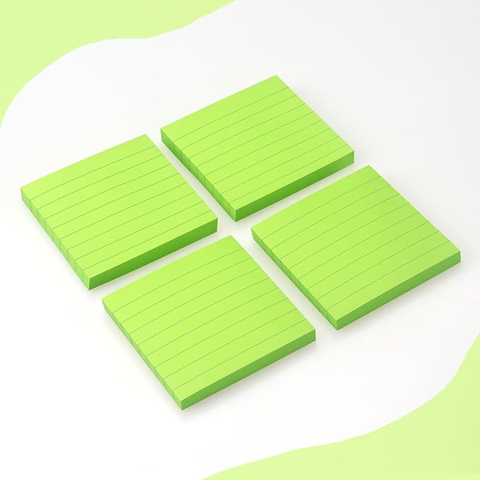 Lined Sticky Notes 3x3 Sticky Notes with Lines Self-Stick Notes Bright Color 4 Pads 90 Sheets/Pad (Green)