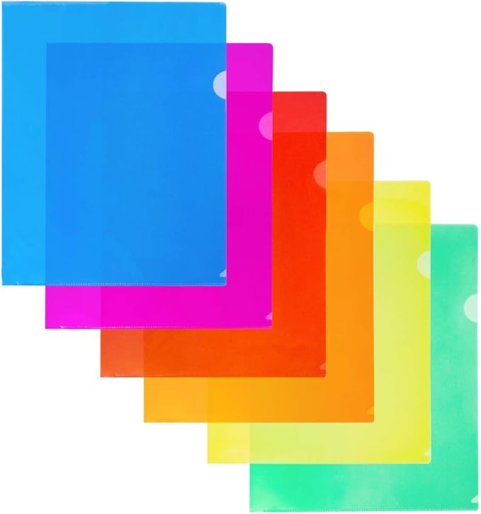 Dunwell Clear Plastic Folder Sleeves (12 Pack, Assorted Colors), Transparent Project Folders, Acid-Free Poly Sleeves, File Jackets for Letter Size Paper, Plastic L-Sleeves for 8.5x11 Documents