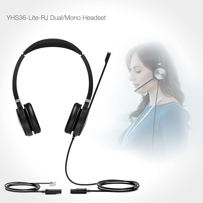 Yealink Phone Headsets for Office Phones YHS36 QD to RJ9 Wired Headset Compatible with Poly Snom Grandstream Phones Desk Landline VoIP Headset with Microphone -Dual/170g/2.1m Cable