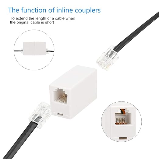 Phone Extension Cord 33 Ft, Telephone Cable with Standard RJ11 Plug and 1 in-Line Couplers and 20 Cable Clip Holders, Grey