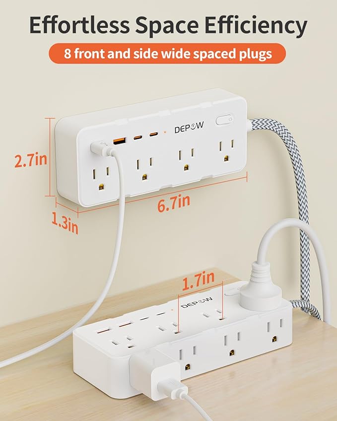 Power Strip Surge Protector, 5FT Braided Extension Cord with Multiple Outlets-8 AC Outlets 4 USB Ports (2 USB C), Flag Plug Charging Station, 1700 Joule Surge Protection for Home Office, White